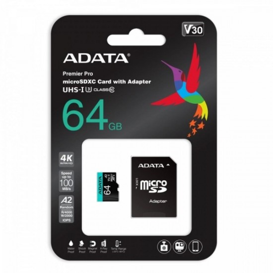 Adata MicroSDXC V30 64GB + Adapter Преносима памет