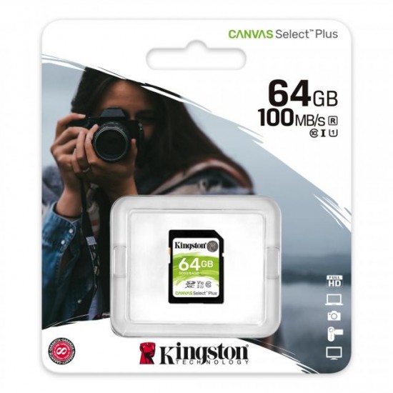 Kingston Canvas Select Plus MicroSD 64GB Class 10 + Adapter Преносима памет