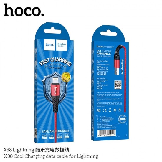 Hoco X38 Cool Charging Data Lightning 1m. Red Кабел